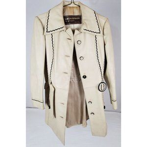 Unique 70's Leda Spain Gropper Ivory Black Stitching Belted Leather Jacket Small
